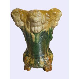 Vintage Majolica Style Glazed Ceramic Vase Putti Cherubs Green & Yellow Floral